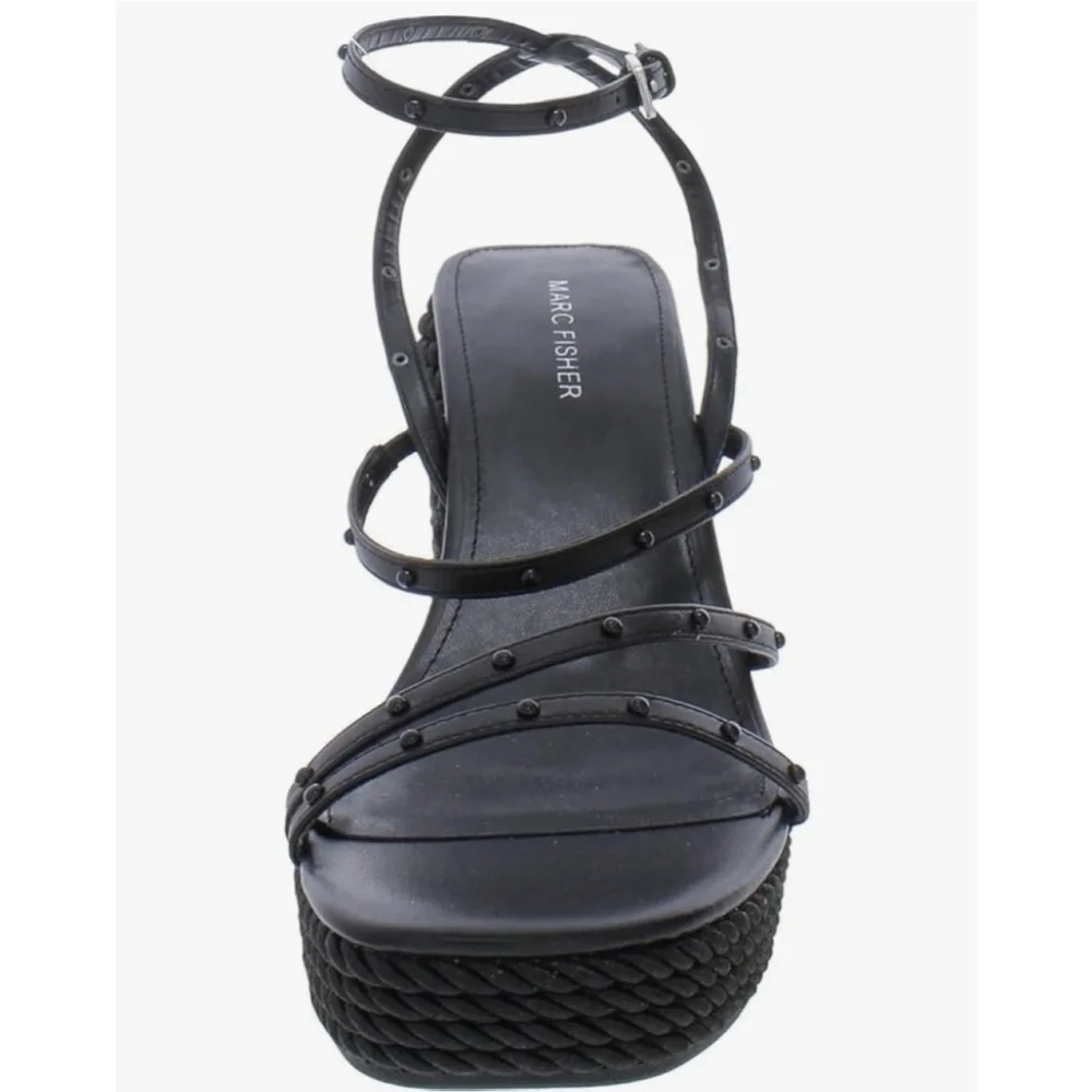 Marc Fisher Faux Leather Studded Espadrille Wrapped Rope Platform 9.5 M BLACK